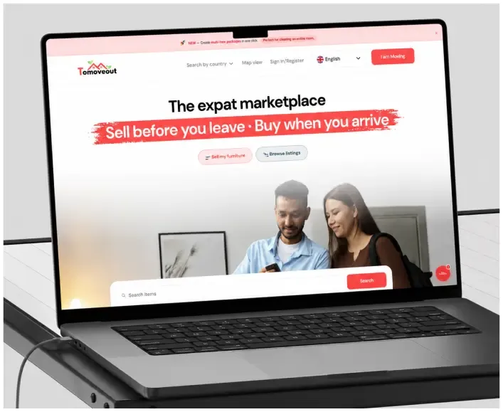 ToMoveOut marketplace website on a laptop