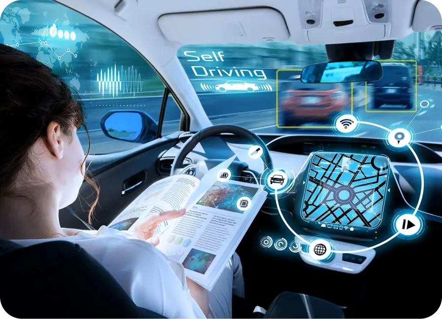 A futuristic graphic illustrating the sensor network of an autonomous vehicle with ADAS software.