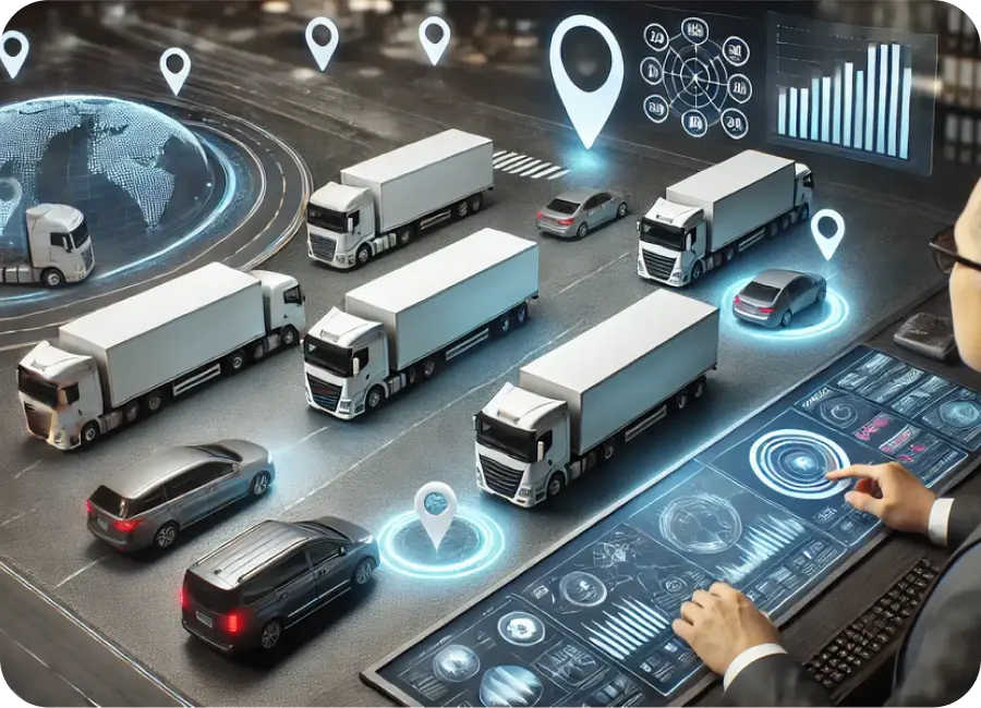 A dashboard displaying fleet telematics data including live routes, fuel consumption, and driver performance.