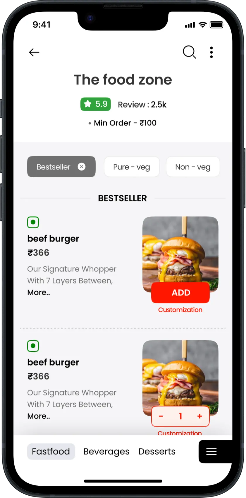 Food Delivery Customer App - Menu Page
