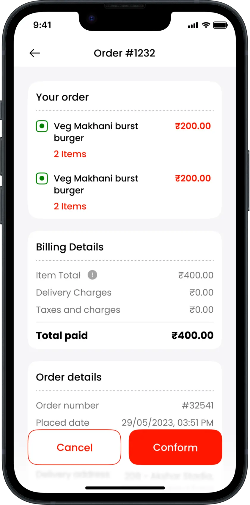 Food Delivery Restaurant App - Order Details