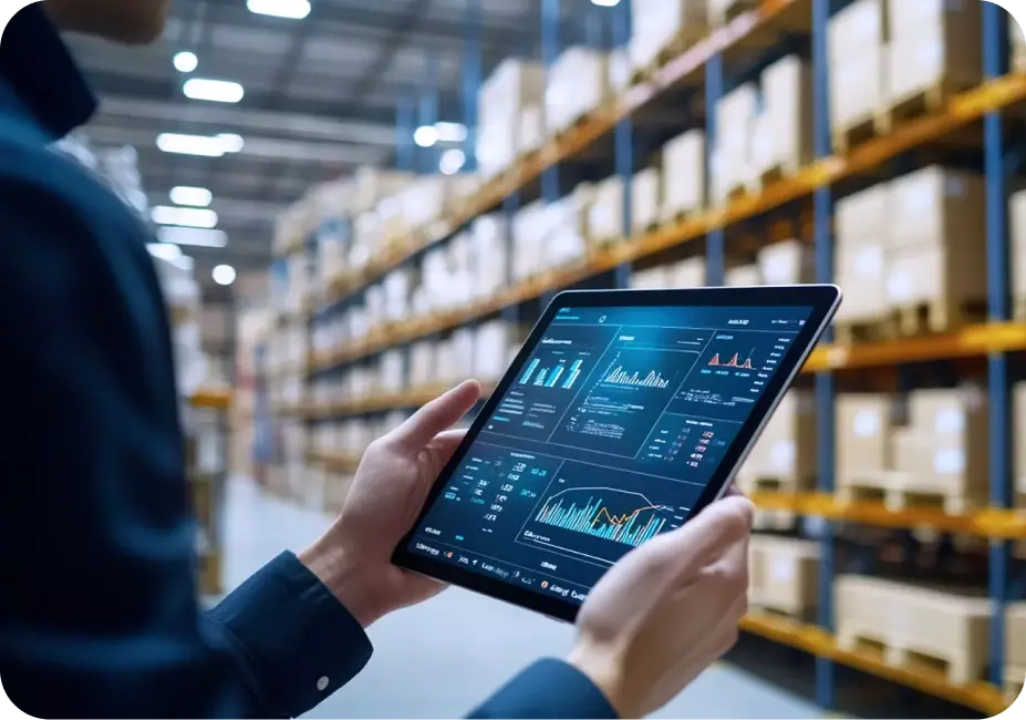 A mechanic using a workshop management software on a rugged tablet to manage repairs and inventory.