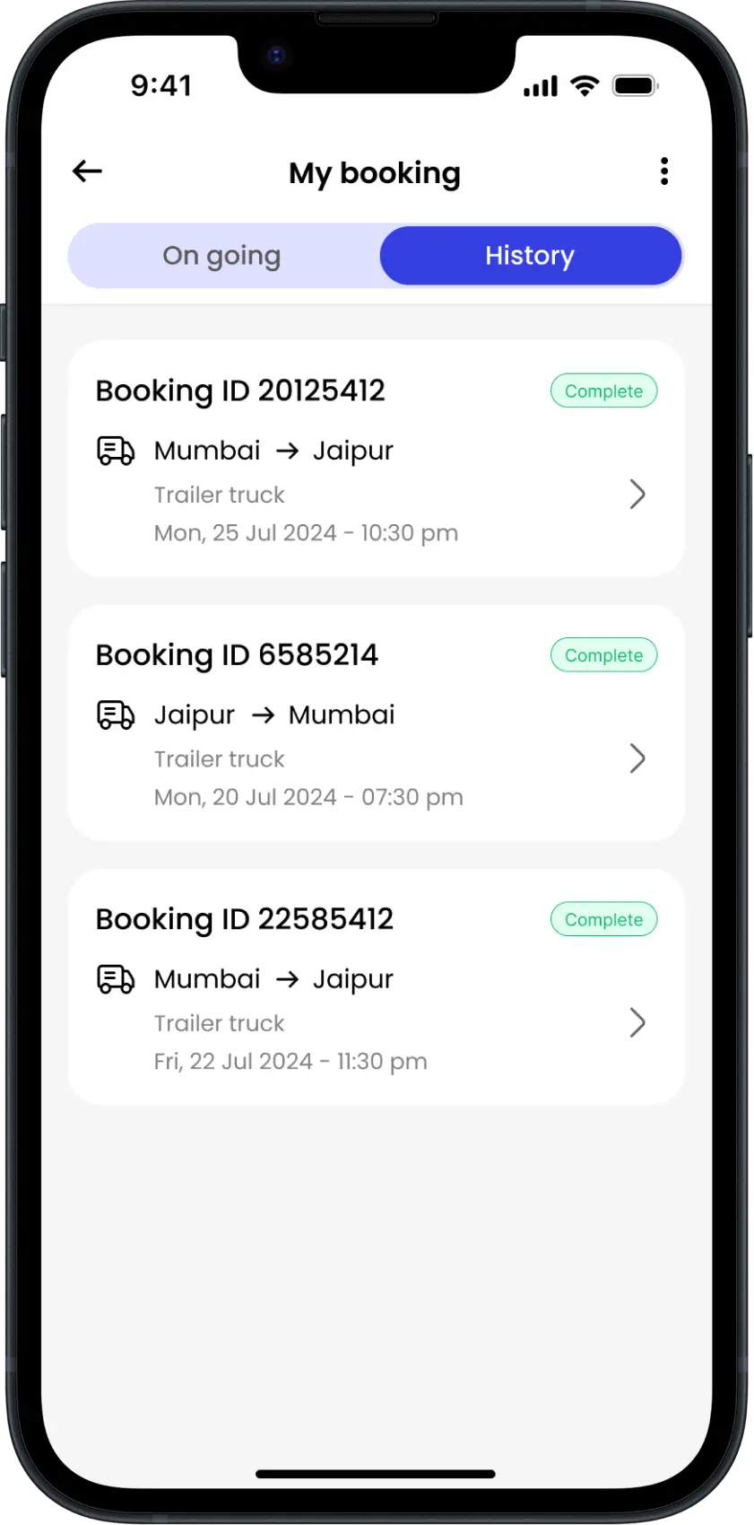Logistics Customer App - History Page