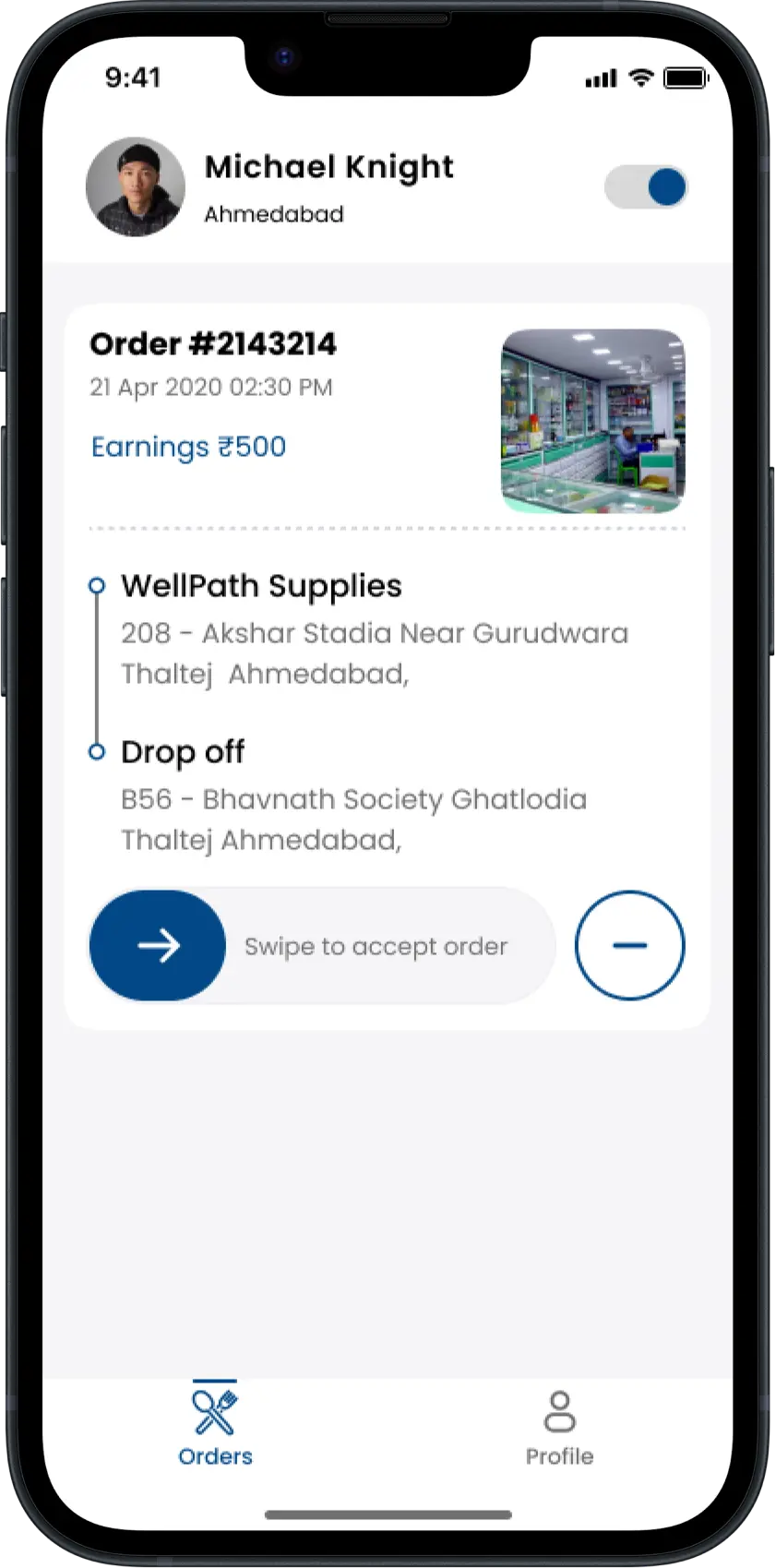 Medical Delivery Driver App order Request