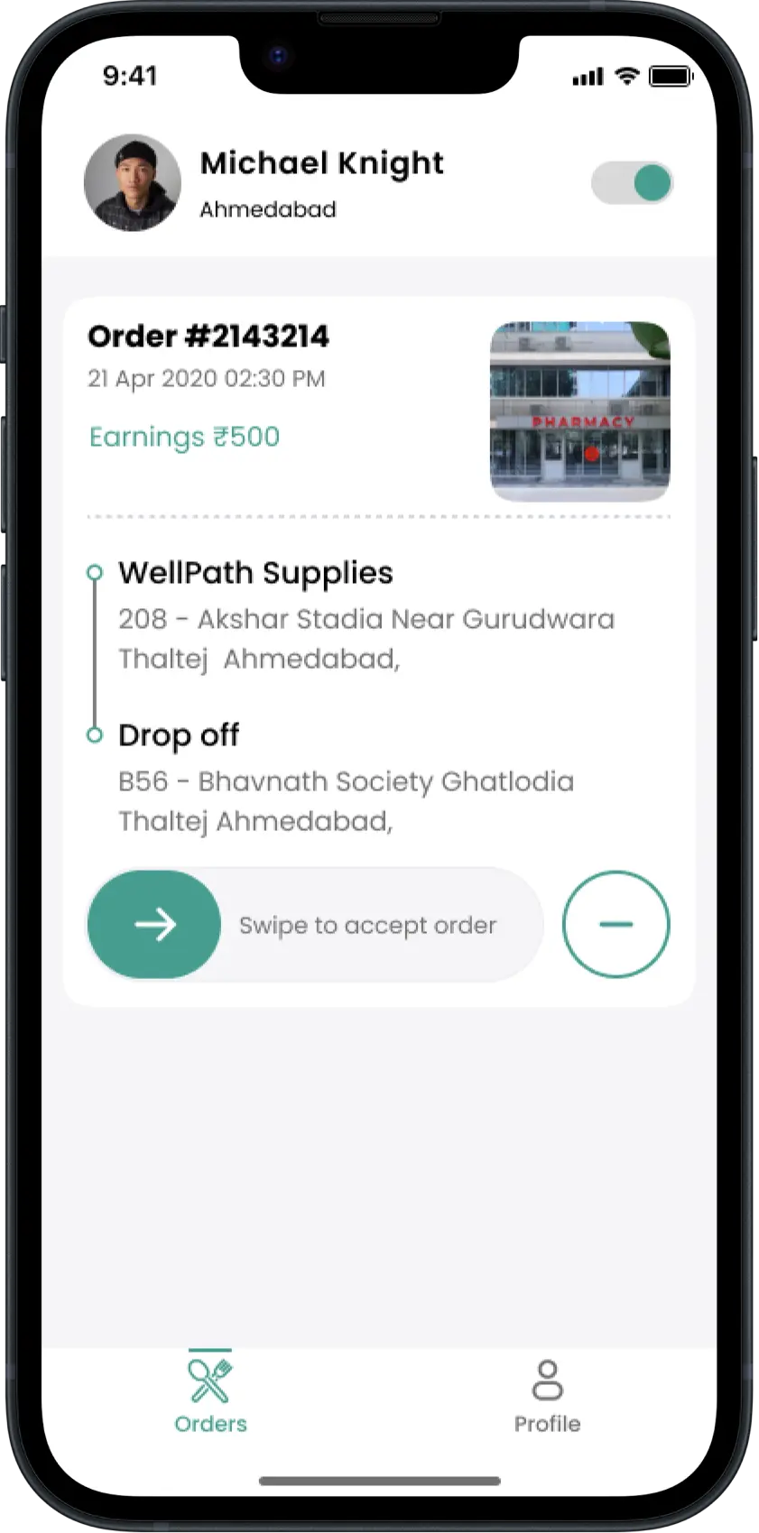 Pharmacy Delivery Driver App - Orders Page 