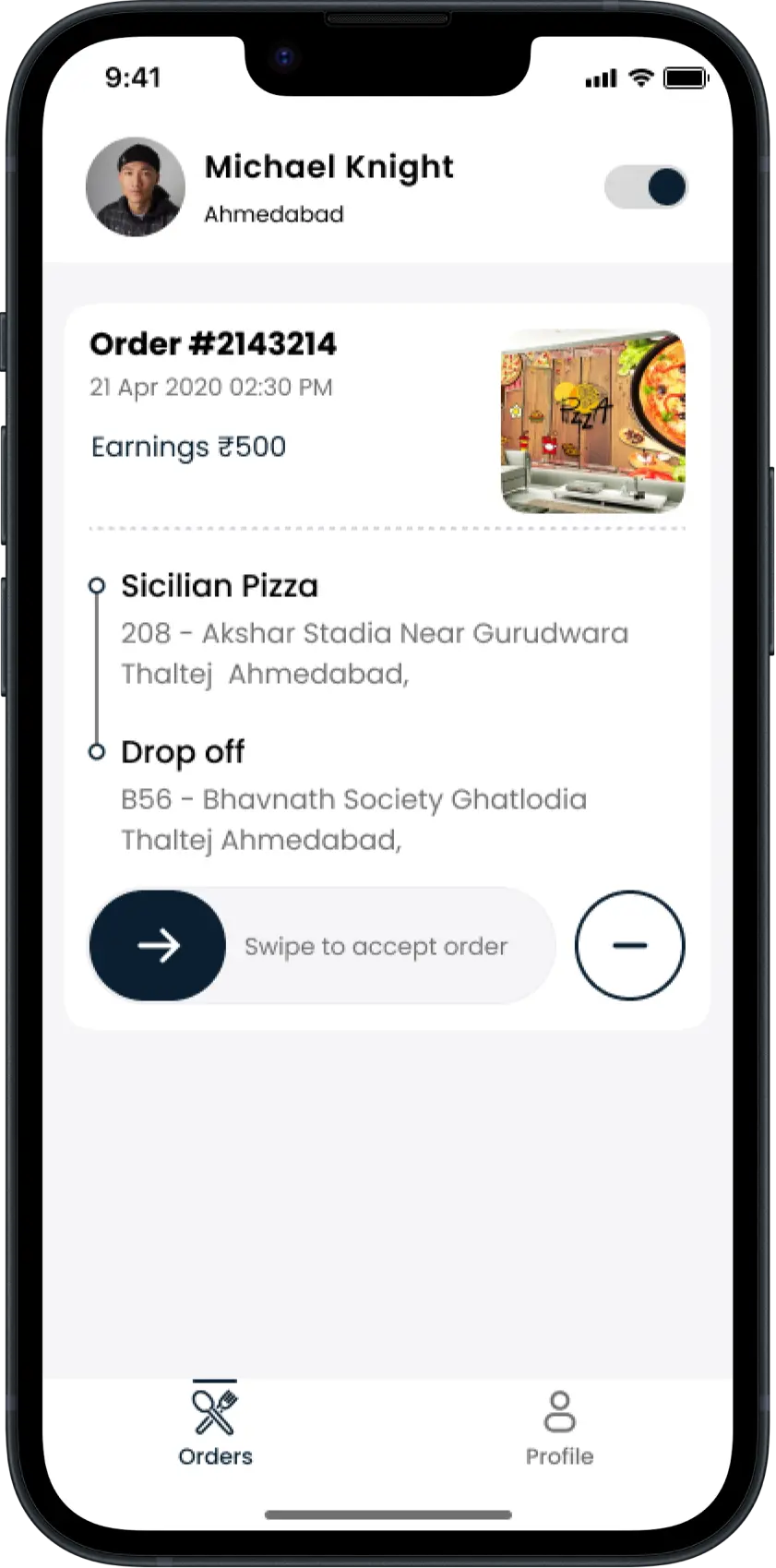 Pizza Delivery Driver App - Order Page