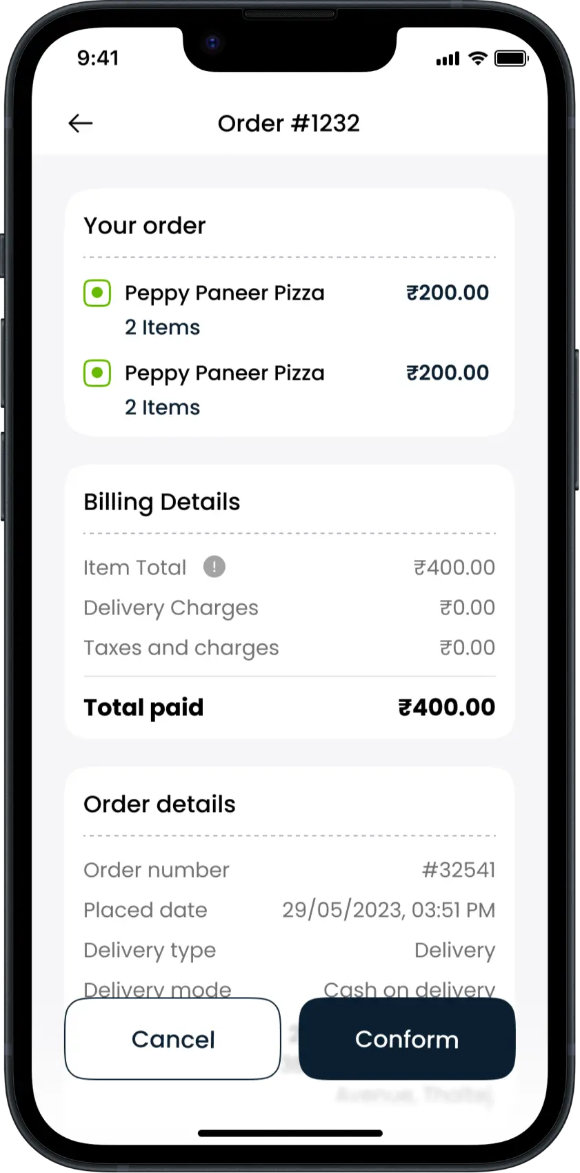 Pizza Delivery Restaurant App - Order Conform Page