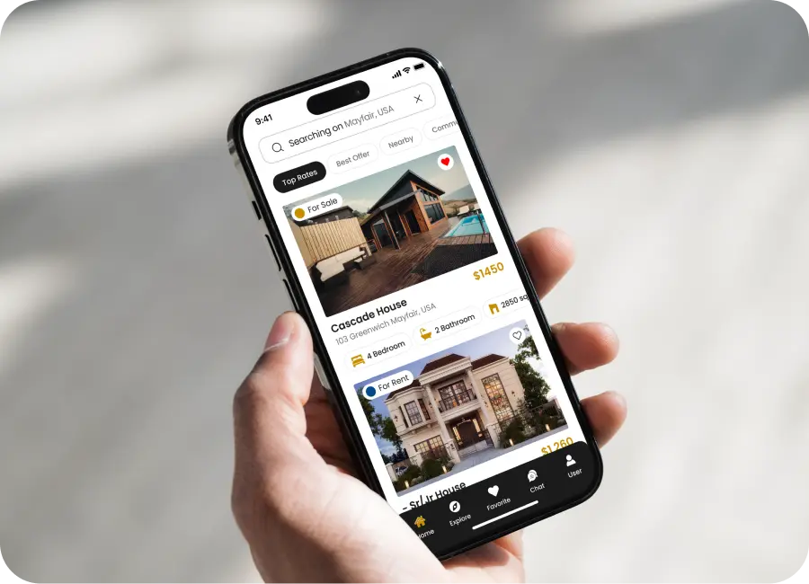 A person using a real estate mobile app on their smartphone to search for properties using a map-based interface.