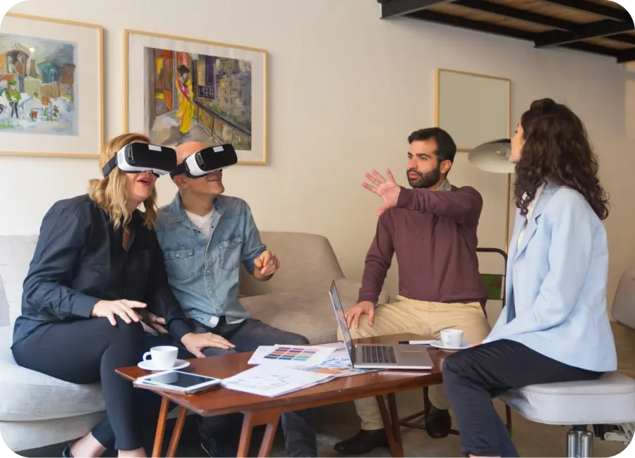 A person wearing a VR headset experiencing an immersive virtual tour of a modern apartment.